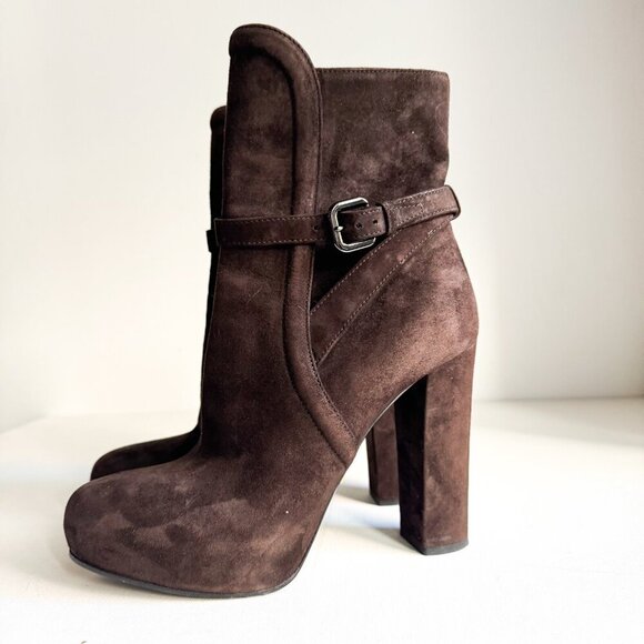 Prada Chocolate Brown Suede Classic Stacked Heel Booties 39.5 - Picture 11 of 11